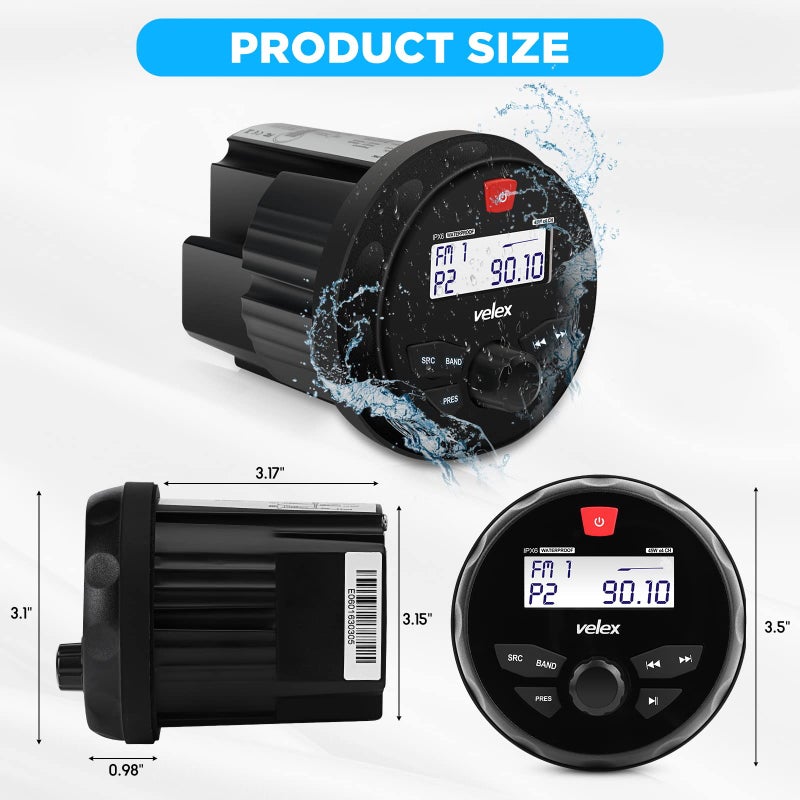 Velex Marine Stereo Speaker Package Bluetooth, MP3 USB AM FM Marine Stereo - 2 x 6.5 Inch Black Speakers, Antenna - Image 5